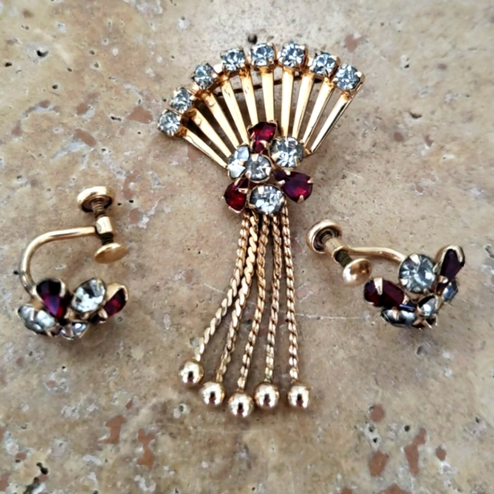 VTG 50ies M&S 3pc goldfilled set brooch/ earrings - Picture 2 of 7